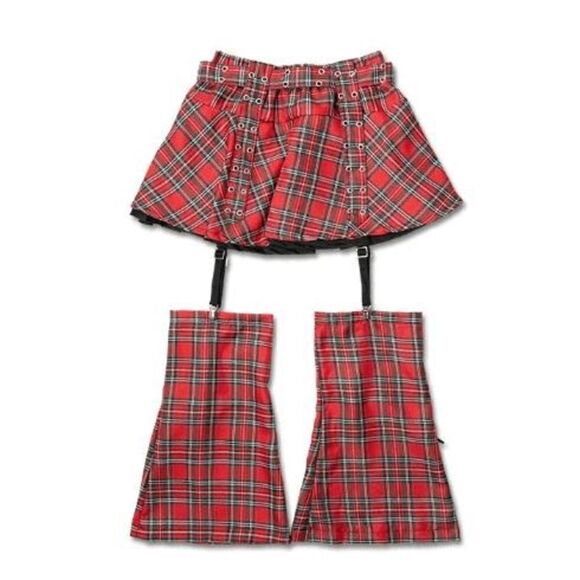 Goth punk rave pleated red skirt with leggings - Picture 2 of 4